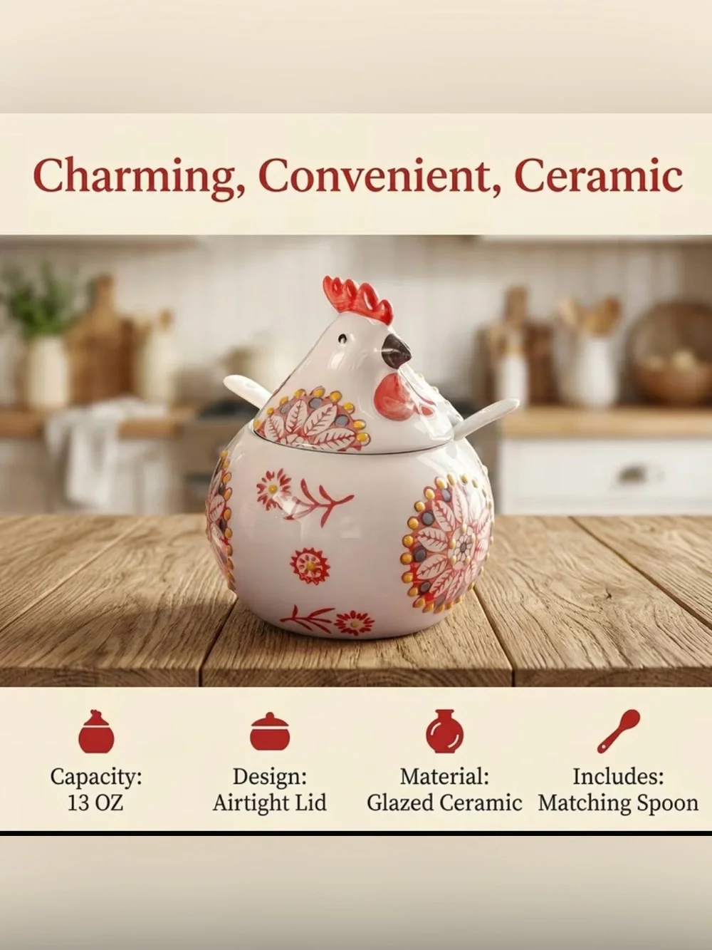 🆕 Hand-Painted Ceramic Rooster Sugar Pot with Spoon - Green Blue & Red